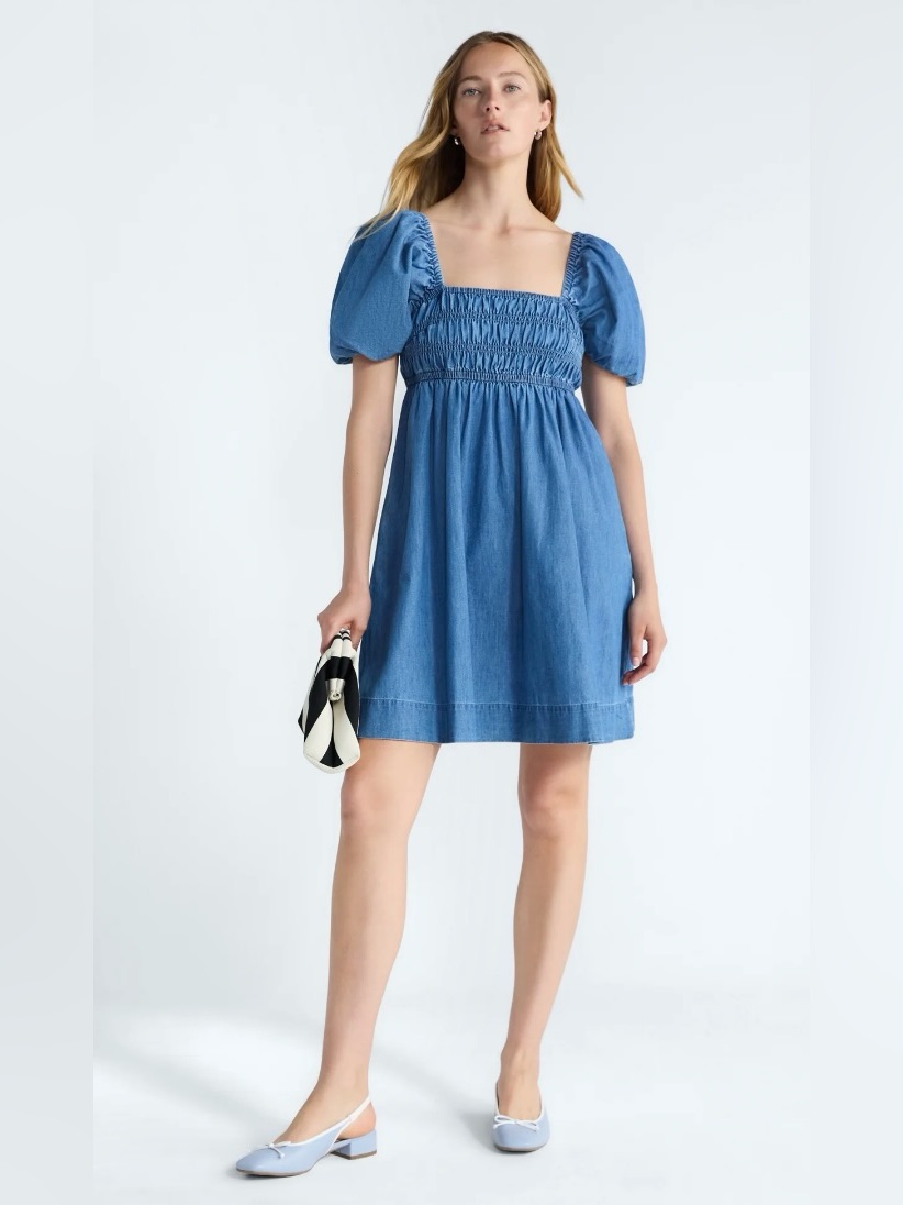 Nwt Free Assembly Smocked Denim Mini Dress Puff Sleeves